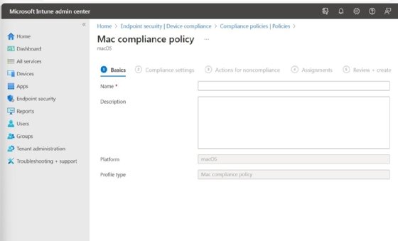 The Intune interface showing the field to fill a description of the compliance policy so other admins will know what it entails.