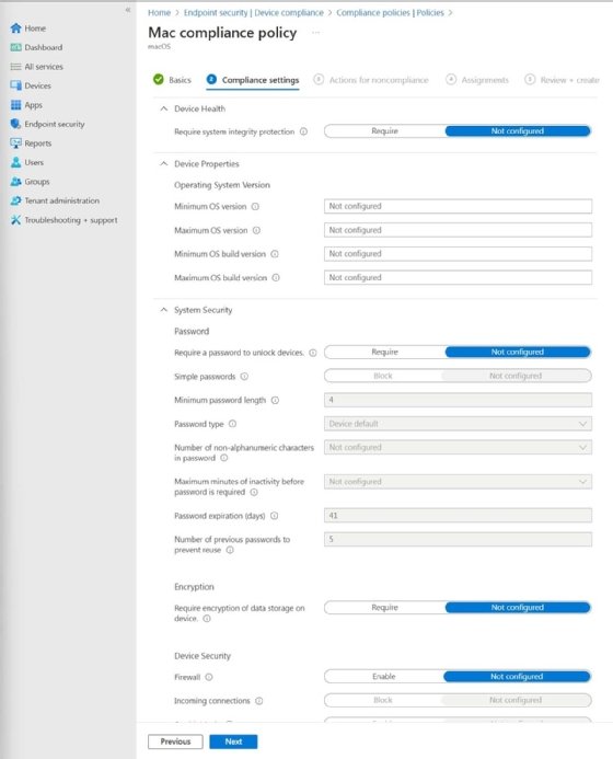 The list of some of the available compliance settings with Microsoft Intune.