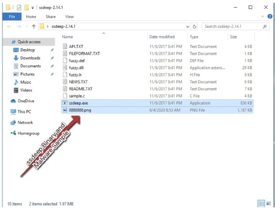 Screenshot with instructions on where to move binary to work with ssdeep