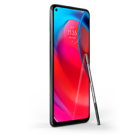 Side view of Motorola's Moto G Stylus 5G smartphone and stylus