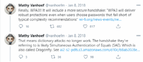 Screenshot of Mathy Vanhoef tweets about WPA3