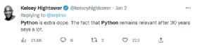 Kelsey Hightower's tweet on why Python is a good choice for beginners