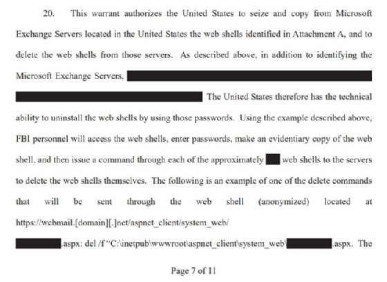 A partially-redacted section of the U.S. Department of Justice's warrant authorizing the FBI to delete web shells from victim computers.
