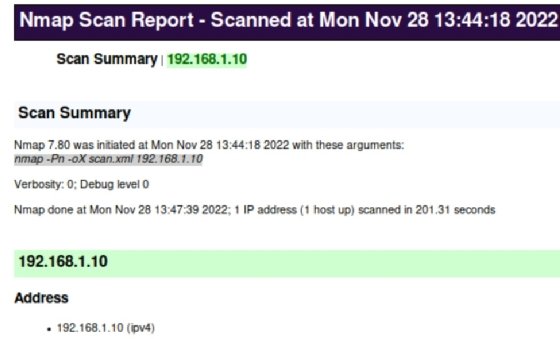 Screenshot showing Nmap scan report as HTML file