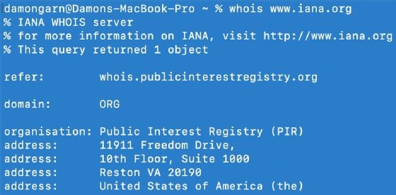 Screenshot showing a Whois query for www.iana.org