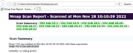 Screenshot showing Nmap scan results saved as XML file