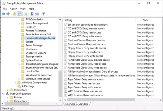 Capture d'écran des options de supports amovibles de la stratégie de groupe