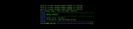 Running one million virtual threads under Java 21 completes with no memory errors.