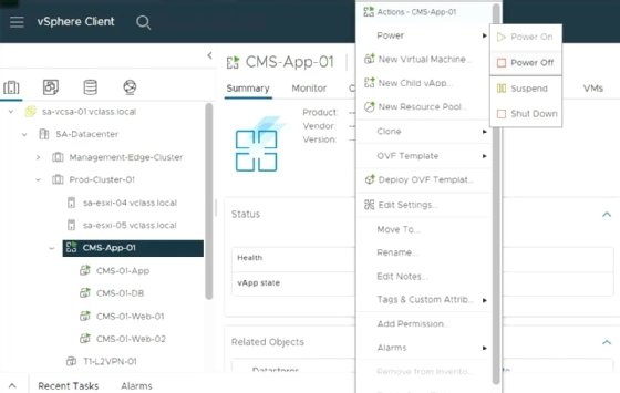Screenshot of vSphere vApp power options