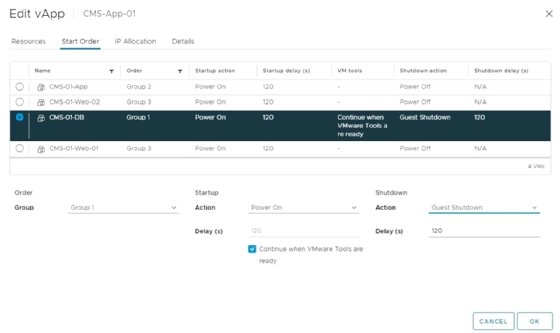 Screenshot of vSphere vApp startup order