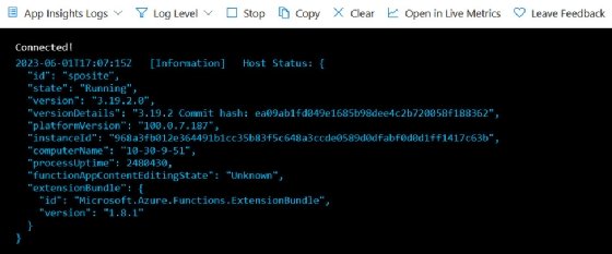 Screenshot of Application Insights integration with Azure Functions.