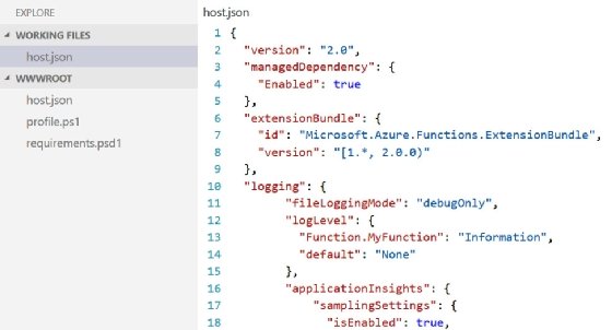 Screenshot of host.json configuration in Azure Functions.