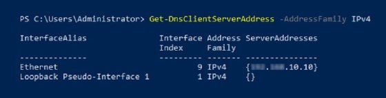 Screenshot of the DNS server information using the Get-DnsClientServerAddress cmdlet