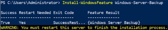 Screenshot of PowerShell installation for Windows Server Backup feature