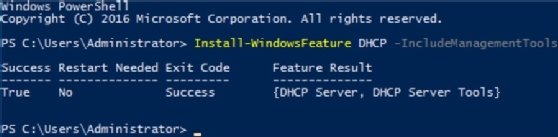 Screenshot der Installation von DHCP über Windows PowerShell