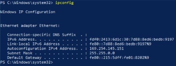 ipconfig command results with APIPA address