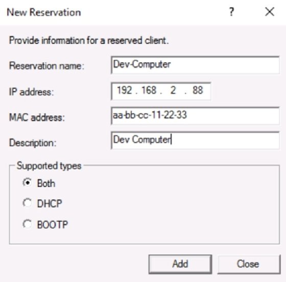 screenshot of IP address reservation