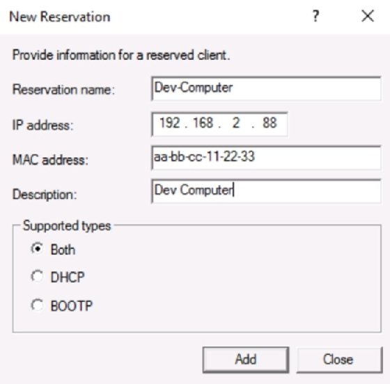 skærmbillede af IP-adresse reservation