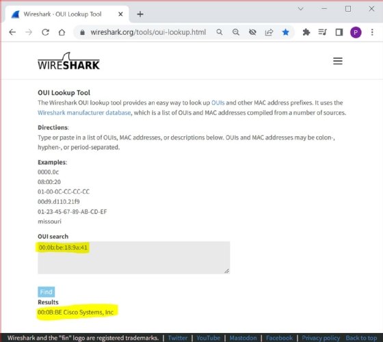 Screenshot of Wireshark OUI lookup webpage