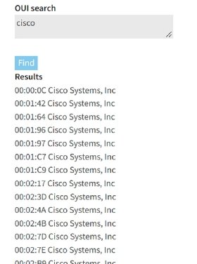 Screenshot of Wireshark OUI lookup Cisco