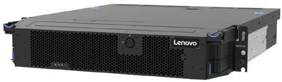 The Lenovo ThinkEdge SE455 V3, a black, rectangular server box with several hexagonal holes for ventilation.