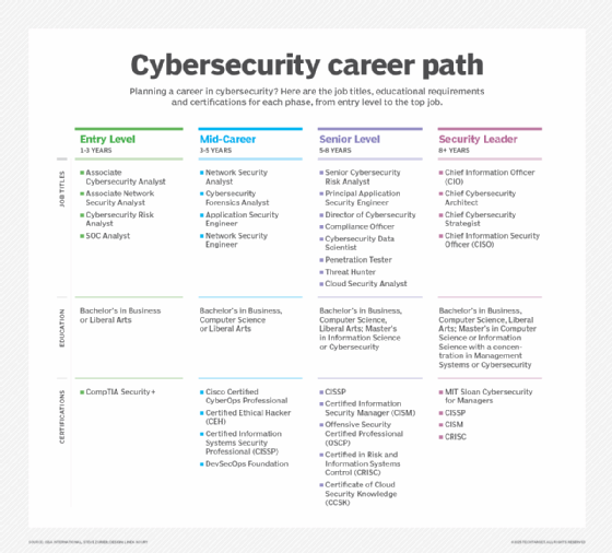 Diagram showing possible cybersecurity career paths