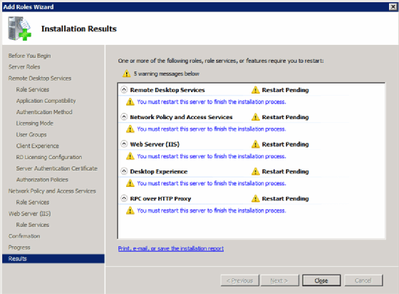 požadované restarty pro instalaci RDS