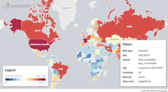 A Shadowserver Foundation map shows thousands of ESXi instances are still vulnerable to a new ransomware threat.