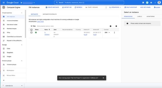 Screenshot of the VM Instances tab in the Google Cloud Console