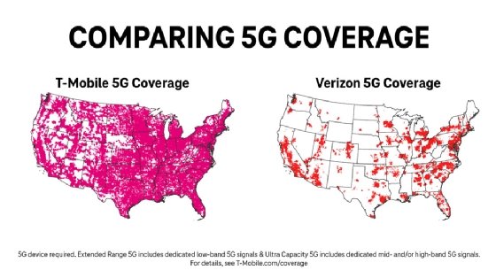 Maps showing T-Mobile's Ultra Capacity 5G coverage versus Verizon's coverage.