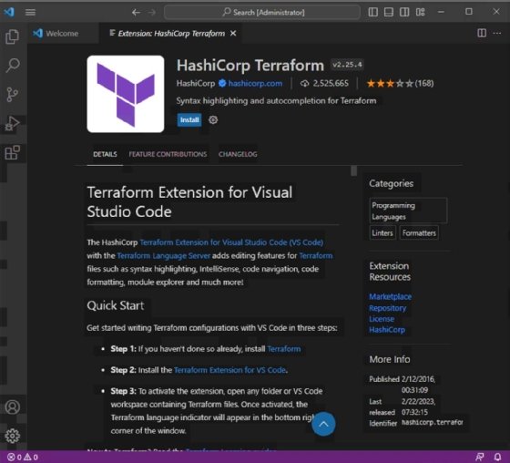 Screenshot from Visual Studio Code showing the download page for the HashiCorp Terraform extension.