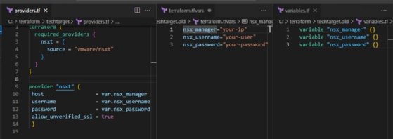 Screenshot from Visual Studio Code showing code to create the NSX provider and variable files in Terraform.