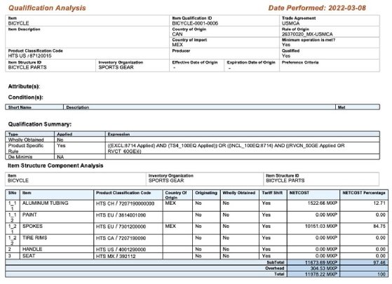 This shows the automated trade agreement qualification functionality in Oracle Global Trade Management.