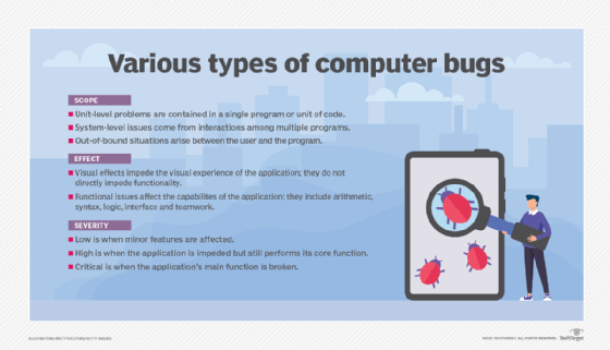 Various types of computer bugs covering scope, effect and severity