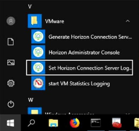 Horizon Connection Server logs from the Windows Start menu