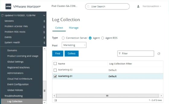 The Log Collection tab in the VMware Horizon interface showing the different collections that you can access