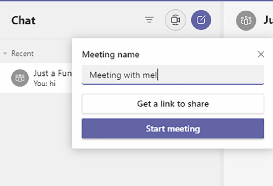 Window to create a new meeting within Microsoft Teams