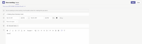 Creating a meeting within Microsoft Teams screenshot