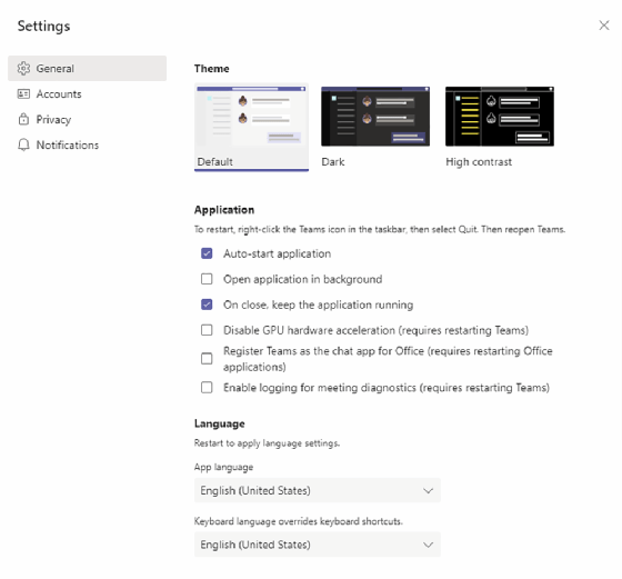Changing the Microsoft Teams display theme screenshot