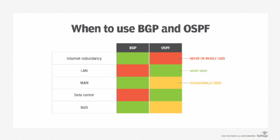 Comparison showing when to use BGP and OSPF in network environments