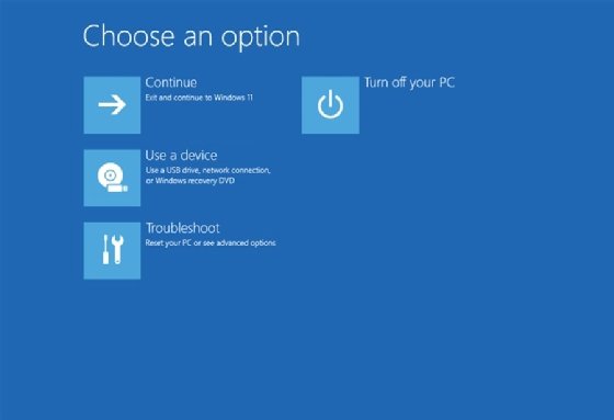 The 'Choose an option' screen in WinRE, showing options to continue to Windows 11, use a device, troubleshoot or turn off the PC.