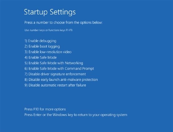 The second 'Startup Settings' screen, showing a numbered list of startup options.