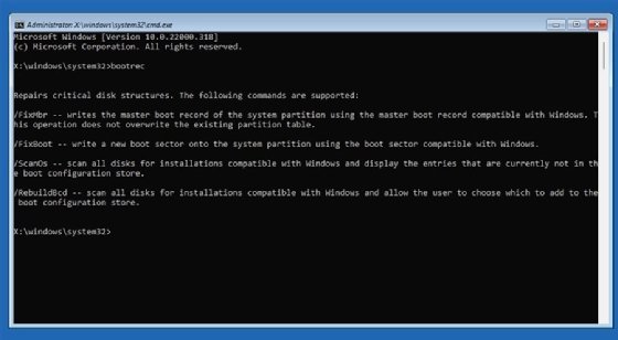 The command prompt window for bootrec.