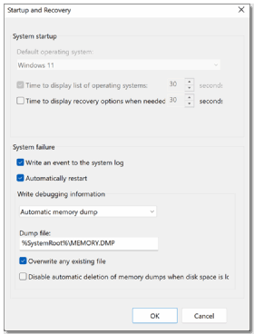 The 'Startup and Recovery' screen, showing different options to check off for 'System startup' and 'System failure.' 