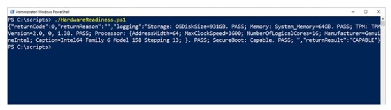 The output of the Hardware Readiness PowerShell script is displayed as plain text. 