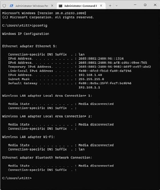 Captura de pantalla del resultado del comando ipconfig de Windows 11.