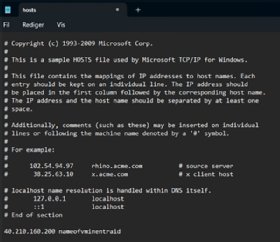 An example of a Windows host file with the IP addresses of the endpoint host and the source of the session.
