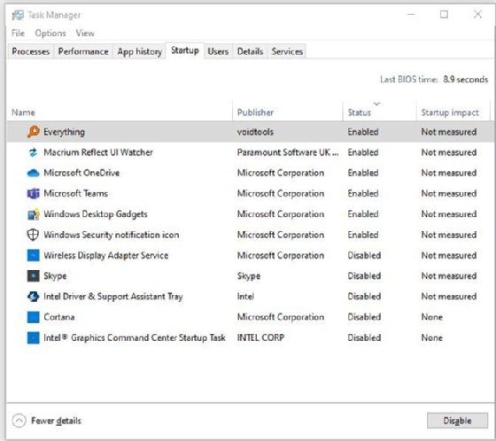 The Windows Task Manager sorting apps by startup status