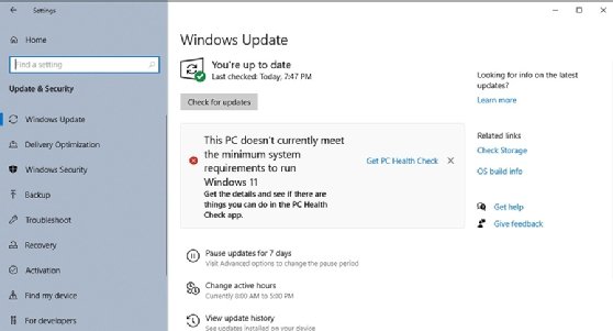 Windows Update menu showing a failed system requirement test