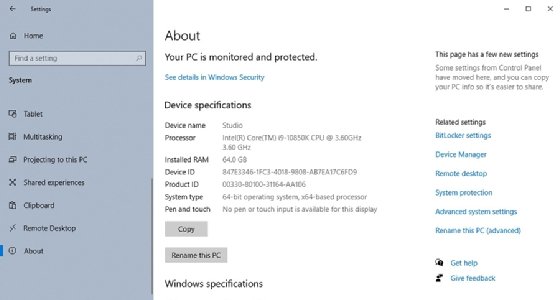 The About section on a Windows Settings menu showing device information